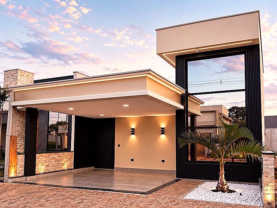 Fachada de casa entregue em Piracicaba fotografada ao entardecer, com iluminação externa acesa