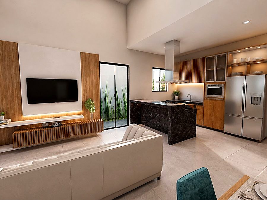 Sala de estar integrada à cozinha em projeto residencial em Piracicaba